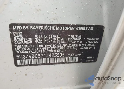 2012 BMW X5 xDrive50I z USA, uszkodzony, nr VIN 5UXZV8C57CL425585